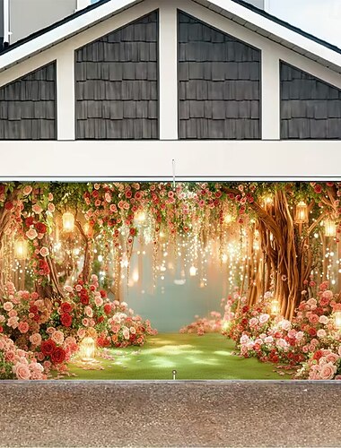  Garagentorabdeckung zum Valentinstag, Rosenstrauß mit Lichterkette, Deko-Bäume – perfekt für festliche Stimmung, ideal für Zuhause, Schaufenster oder als Valentinstagsdekoration.