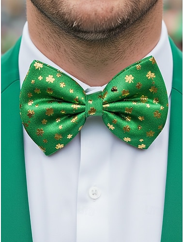  papillon con paillettes per il giorno di San Patrizio da uomo, tessuto in poliestere verde con motivi a trifoglio e festivi, papillon regolabile per feste irlandesi, sfilate, bar e celebrazioni festive