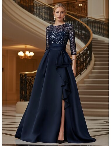  A-Linie Na zem Korálkový výšivkový Formální šaty Šaty pro matku nevěsty Večerní šaty Formální šaty Elegantní Třpytivé Třpyt 3/4 délka rukávu Illusion Neckline Svatební Formální Satén Flitry s Třpytky