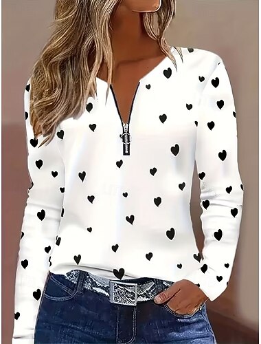  Valentijnsdag Dames T-shirt Vetoketju Afdrukken Hart Grafisch Bohemen Tropisch Hawaii Lange mouw V-hals Normale tops Dagelijks Uitgaan Weekend blauw Rood Zomer Lente Herfst Winter