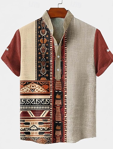  Herre Fargeblokk Stamme Etikk / afrikansk Skjorte Skjorte med knapp ned Kortermet Vintage retro Ferie Fritid / hverdag Sommer Vår Opprett krage Henley krage 3D-utskrift Lin som skjorte Svart