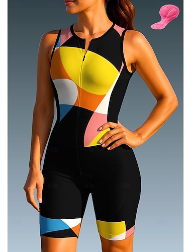  Mulheres Camisa para Ciclismo Macacão para Triathlon Jersey em declive Sem Manga Verão Primavera Outono Preto / amarelo Geométrica Curva Engraçado Moto Filtro Solar Resistente a UV Tapete 3D Ciclismo