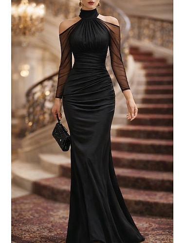  Linjeform Gulvlengde Kveldskjoler Ballkjole Formell kjole Elegant Silkete Langermet Grimehals Bryllup Formell Sateng Tyll med Bølgemønster