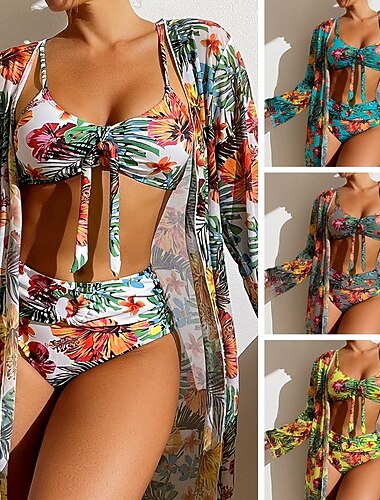  Womens Bikini 3-teiliger Badeanzug Palme Briefs Slim Rückenfrei Urlaub Strandbekleidung Floral Blätter Scoop-Hals Ärmellose Bademode