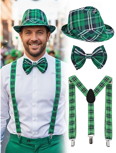  set di accessori per costumi da uomo per il giorno di San Patrizio, cappello a quadri verdi, papillon e bretelle, materiale in poliestere con molteplici fantasie, costume da parata e festa irlandese per uomo