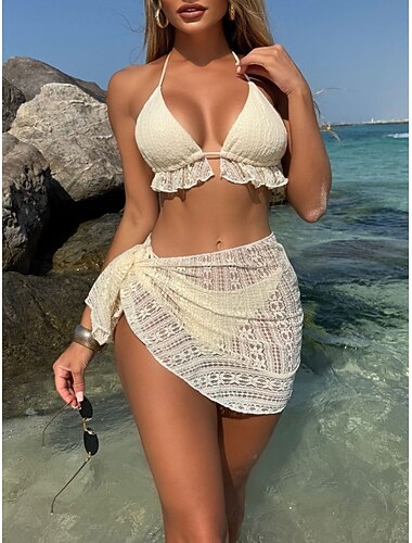  Damen Bikini 3-teiliges Badeanzug Unterdraht Rock Schlank Rückenfrei Urlaub Strandbekleidung Einfarbig Halterneck Ärmelloses Badeanzüge