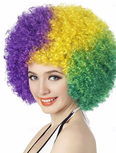  Parrucca di Carnevale Viola Verde Gialla Afro Riccia Corta Sintetica Parrucca per Festival Mardi Gras Parata Costume Cosplay Capelli per Donne