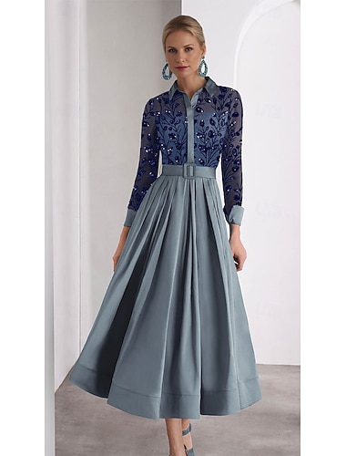  A-lijn Tot de enkel Kralenborduurwerk Shirtjurk Feestjurk Moeder van de bruid jurk Lange mouw Overhemdkraag Hoge nek Elegant Glitter Hoge splitsing Formeel Bruiloft gast Satijn met Glitter Split