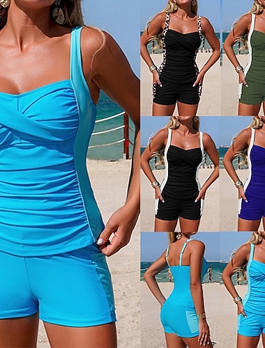  Damen Geraffter Tankini Badeanzug 2 Teile Farbblockierung Bauchkontrolle Elastisch Ärmellos Bademode Surfen Strand Urlaub Sommer