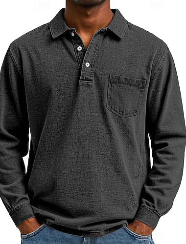  رجالي قمصان البولو قمصان بولو الجولف شارع عمل كلاسيكي كم طويل عتيق أساسي لون الصلبة سهل جيب فينتاج الخريف الشتاء عبر الفصول عادي بني غامق أسود أزرق غامق رمادي أزرق فاتح بنفسجي قمصان البولو