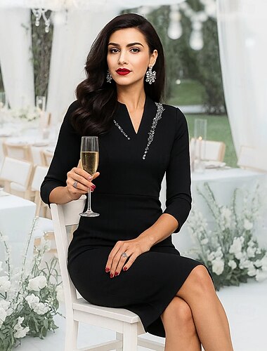  فستان رسمي بطول الركبة على شكل عمود فستان حفلة فستان كوكتيل فستان أم العروس بأكمام 3/4 عنق على شكل V أنيق عتيق حفلة رسمية مع خيوط لامعة