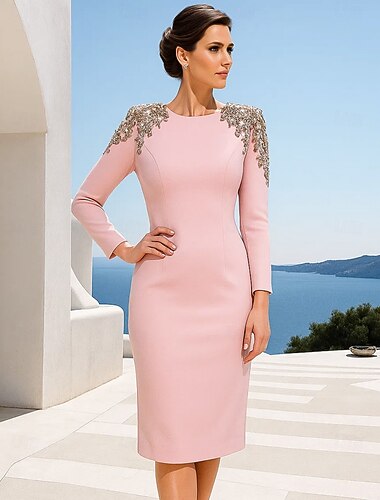  فستان تخرج يصل إلى الركبة فستان حفلة فستان كوكتيل فستان والدة العروس بأكمام طويلة وياقة دائرية أنيق عتيق يحمل تطريز