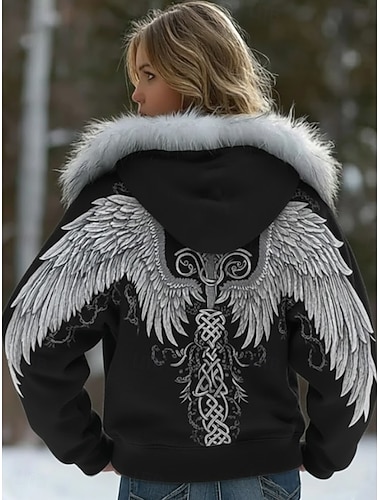  Damen Hoodies mit Reißverschluss Grafik Tiermotiv Western Ethnisch Lässig Langarm Mit Kapuze Normale Oberteile Lässig Straße Marineblau Schwarz Grau Herbst Winter