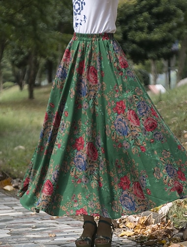  Damen Mode Lässig Maxi Hohe Taille Röcke Blumenmuster Druck Mikroelastisch Täglich Straße Rote Marineblau Blau Dunkelgrün Frühling Polyester