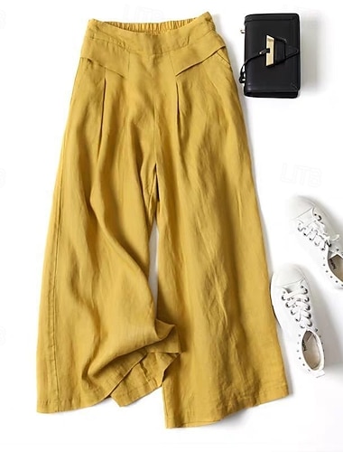  Damen Kunstbaumwollleinen Weite Hosenbeine Weites Bein Chinos Urlaub Streetwear Basic Knöchellang Mittlere Taillenlinie Einfarbig Einfach Tasche Elastischer Bund Bequem Atmungsaktiv Mikroelastisch