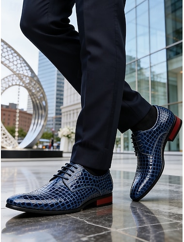  Blå herresko med krokodillemønster i kunstskinn – stilig snøredesign for formelle og semiformelle anledninger og bryllup