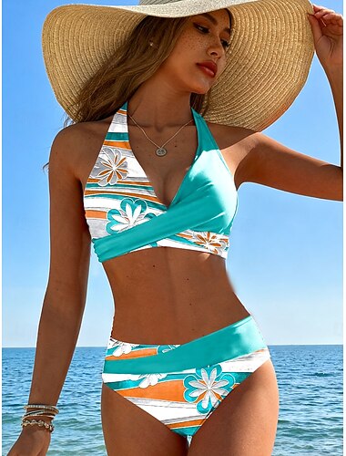  Costume da bagno da donna Bikini 2 pezzi Cheeky Moda Vacanza Grafica floreale V collo Senza maniche