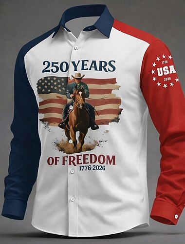  Herren 250. Jahrestag des Unabhängigkeitstages der USA am 4. Juli US Flagge FREEDOM Hemd Knopfhemd Langarm Vintage-Retro Ferien Alltagstauglich Frühling Herbst Umlegekragen 3D-Druck Leinenähnliches
