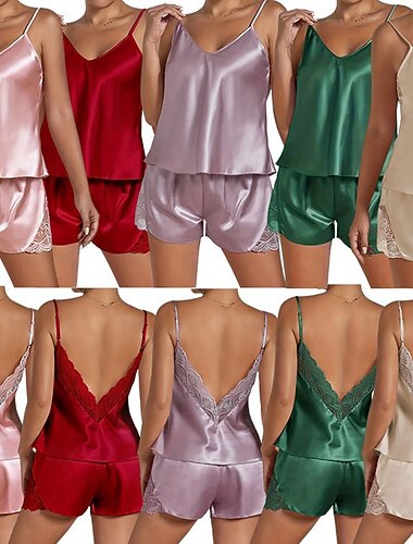 Női Pizsamák Lounge-ruházat Pizsama Aktív Divat Szexi Tiszta szín Csipke Nyitott hátú Rövidnadrágok Napi Otthon Ágy Ujjatlan Szíj Pezsgő Világoszöld Rubin Bíbor Lóhere Nyár Laza öltözet