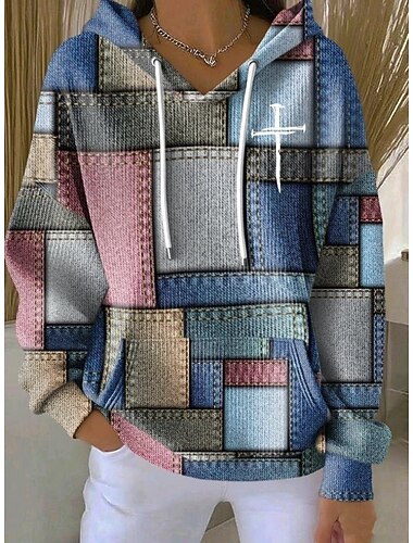  Naisten Pullover-huppari Tilkkutäkki Kuvitettu Geometrinen Vapaa-aika Pitkähihainen Hupullinen Tavalliset topit Kausaliteetti Arkikäyttö Urheilu Sininen Denim sininen Vaalean vihreä khaki Kevät Syksy