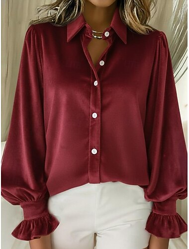  Nieuwjaar Dames Fluweel Ruche Effen Kleur Stijlvol Basic Lange mouw Normale tops Avond Feest Feestdagen Clubuniformen blauw Wijn Goud Groen Licht Blauw Herfst Winter