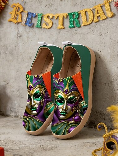  Dames Mardi Gras Maskerade Masker Print Slip-On Casual Canvas Schoenen - Lichtgewicht Comfort Feestelijke Brede Pasvorm Schoenen voor Carnaval Parades Straatvieringen Themapartijen  Dagelijkse