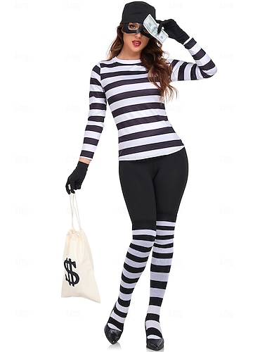  Ausgefallene Kostüme Dieb Bankräuber Cosplay-Kostüm Gestreift Erwachsene Damen Halloween Karneval Party Leistung Verkleiden