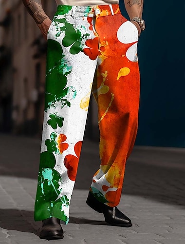  Calças de Vestuário Estilo Traje Masculinas Trevo de Quatro Folhas Bandeira Irlandesa Dia de São Patrício Calças de Vestir de Cintura Média Moda Casual Férias Confortáveis Planas com Bolsos Laterais