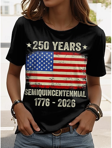  Dia da Independência Aniversário Americano Patriótico Camiseta Feminina Estampa Gráfica Bandeira Vintage Estilosa Casual Manga Curta Gola Redonda Tops Regulares Impressão Diária Fim de Semana Preto