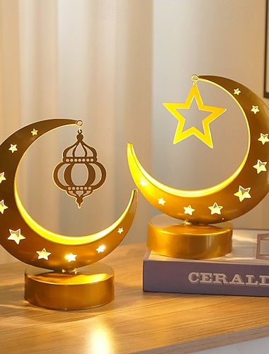  Ramadan-Eid-Lampe aus Metall, hohl, dekorativ, Stern, Mond, Schloss, für Schlafzimmer, stimmungsvolle Atmosphäre, AAA-Batterie erforderlich, 23 x 19 cm