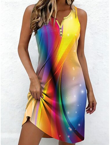  Damen Minikleid Shiftkleid Sommerkleid Schulterfreies Kleid Urlaub Lässig Täglich Ferien Ausgehen Normale Passform Ombre Grafik Geometrisch Ärmellos V Ausschnitt Blau Gelb Purpur Sommer Frühling