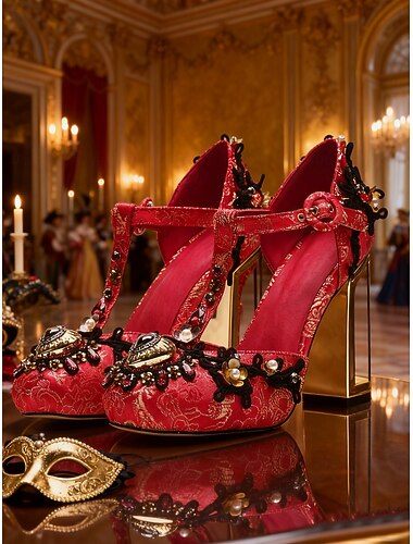  Kvinne Mardi Gras Barokk-Inspirert Karneval T-Remme Hæler – Utsmykkede Sateng Pumper med Gull Accenter Rhinestones og Chunky Hæler Maskerade Ball og Feiring