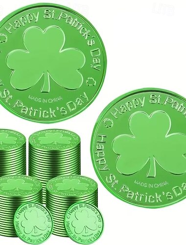  100 Stück St. Patrick's Day Goldmünzen, goldgrüne Glücksmünzen, Plastikmünzen mit Kleeblatt- und Koboldmotiv, 3-blättrige Kleeblattmünze als Gastgeschenk für Partydekoration