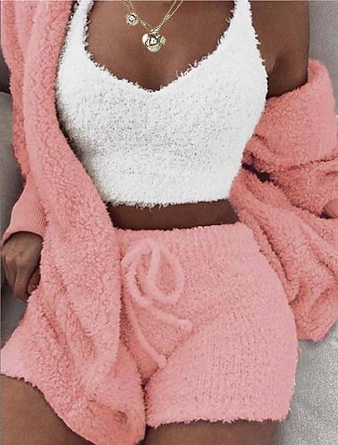  Damen Warm Geschenk Pyjamas Sets Heim Party Strasse Valentinstag Polyester Plüsch Einfach Weich Sport Trägertop Kurze Hosen Herbst Langarm Ärmellos