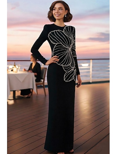  Sheath Kolom Vloerlengte Formele Jurken Avondjurk Avondjurk Elegante Lange Mouwen Crew Neck Formele met Kristallen Beading