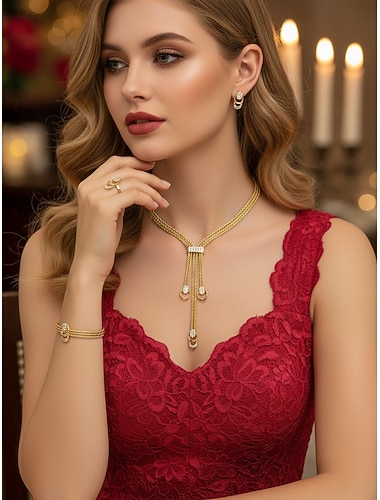  conjunto de joias de strass dourado para mulheres – colar elegante, pulseira, brincos e anel com design de corrente trançada, perfeito para casamentos e eventos formais