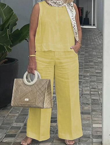  Mujer Conjuntos de pantalones Bolero Lino de algodón sintético Sin Mangas Cuello Barco Color sólido Retazos Elegante Moda Ropa de calle Casual Diario Exterior Amarillo Azul Piscina Morado Verano