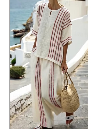  Per donna Set di Pantaloni Bolero Top Manica Corta Girocollo A righe Stampato Moda Streetwear Casuale Quotidiano All'aperto Blu Nero Rosso Estate Vestibilità comoda