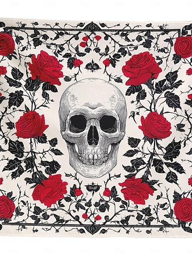  Gotischer Totenkopf-Wandteppich mit roten Rosen, ästhetische Raumdekoration, Skelett-Wandbild im Tattoo-Stil, Punk-Schlafzimmerdeko, perfekt für Zuhause, Studentenwohnheim und Wohnzimmer
