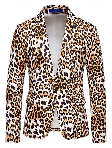  Per uomo Blazer Casuale Feste Performance Tasca Animali Audace Tutte le stagioni Poliestere Leopardo Leopardato Tasca Leopardata Di tendenza Monopetto Un Bottone Giacca Bianco Giallo