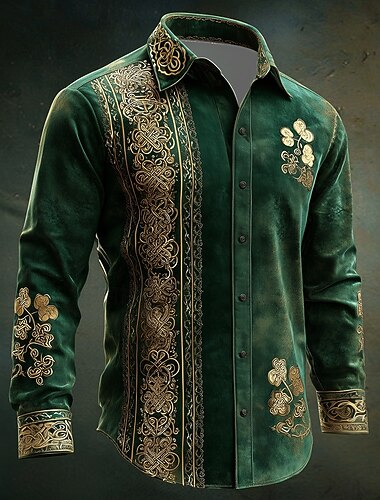  St. Patrick's Day Herren Vierblättriges Kleeblatt Shamrock Keltische Kunst Hemd Knopfhemd Langarm Vintage Retro Feiertag Frühling Herbst Umgeschlagen 3D Druck Leinen ähnliches Hemd Grün 1 Grün