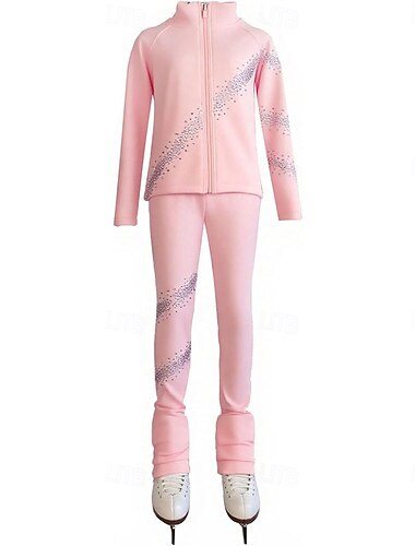  Kunstschaatsjas met broek, dames- en meisjesschaatsoutfit, roze, rekbaar, trainings- en wedstrijdschaatskleding, thermisch, warm, met kristallen/strass steentjes, lange mouwen, kunstschaatsen.