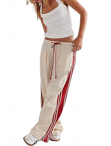  Per donna Pantaloni in cotone e lino Pantaloni Pantaloni da pista Pantaloni Larghi Vacanza Casual Atletico Lunghezza intera Vita Alta A righe Coulisse Tasca Comodità Leggero Morbido Elasticizzato