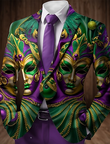  Karneval Herre Maske Blazer jakke Frakk Mote Bekvem Pustende Kunstnerisk Fritid Festkveldsklær Avslappet Festival Lomme 3D-utskrift Knapper Alle årstider Med hakk Langermet Lilla Grønn
