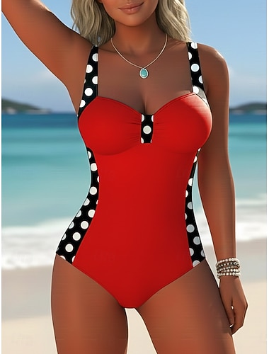  Damen Einteiler Badeanzug Slimming Unterdraht Colorblock Slips Eleganter Urlaub Polka Dot Geometrisch V-Ausschnitt ärmellos Schwimmsuits