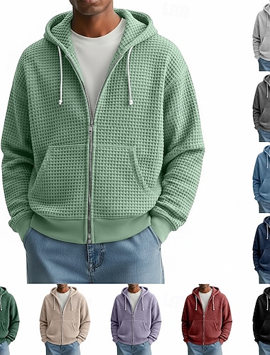  Herren Kapuzensweatshirt Vollreißverschluss-Kapuzensweatshirt Waffle Kapuzensweatshirt Aprikose Weiß Rote Marineblau Dunkelgrün Mit Kapuze Einfach Reißverschluss Strukturiert Lässig Täglich Sport