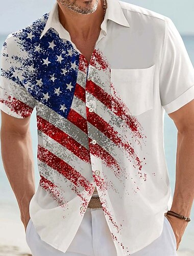  Herr 4 juli USA:s 250-årsjubileum Örn USA: s flagga Skjorta Knapp upp skjorta Kortärmad Vintage retro Utomhus Helgdag Sommar Vår Nedvikt 3D-utskrift krage skjortor Främre en ficka Blå Vit 1 Vit