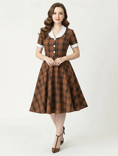  Rockabilly Middag En linje kjole Korte ermer Trang og vid passform Kostyme Dame Karneval Valentinsdag Avslappet Ball Retro-temafest Voksne Kjole Vår