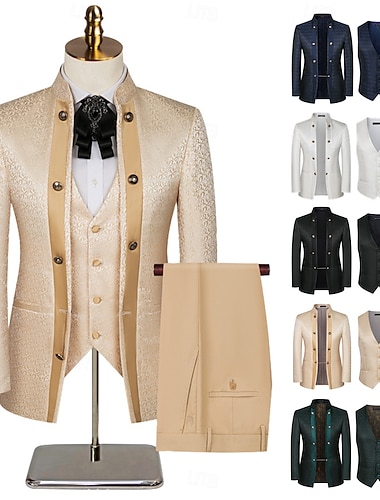  Menn Smokings Festdrakter Avslappet Skoleball Blå Svart Vår, Høst, Vinter, Sommer Dress Kinesisk Krave Mote Luksus Mønstret Slank Fasong 3 deler sett Dobbeltkneppet med seks knapper