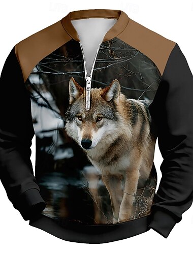  Herren Wolf Pullover Tropisch 3D Jagd Hoher Ausschnitt Outdoor Streetwear Schwarz 1 Schwarz 2 Reißverschluss Herbst Winter Designer S M L XL XXL 3XL